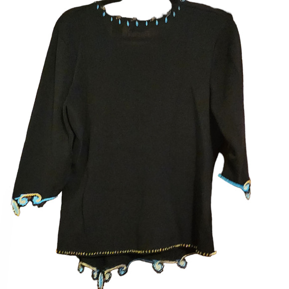 Prima Bella Embroidered Beaded V-neck Black Sweater, three-quarter sleeve sz M - Picture 2 of 13